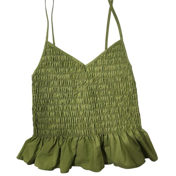 NWT Women's Forever 21 Spaghetti Strap Top Green Size Large V-Neck Ruffle - Picture 1 of 5